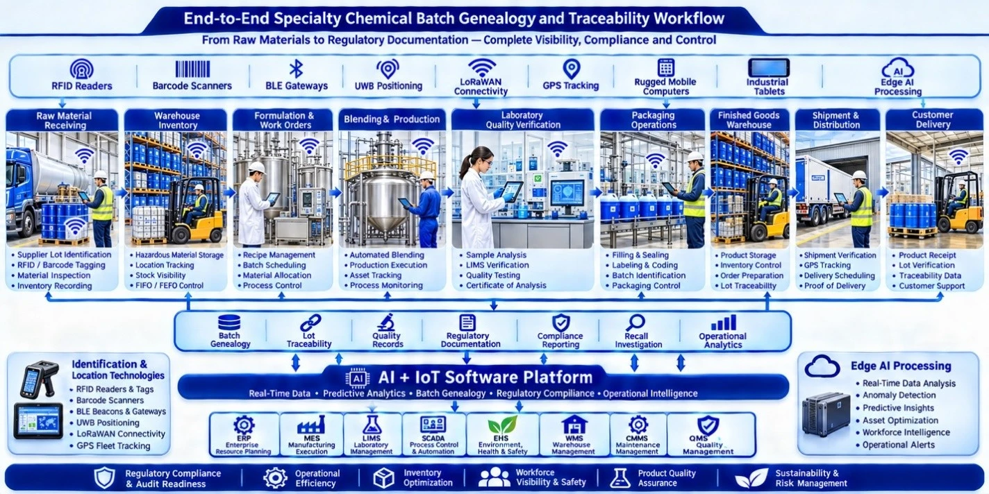 AI-powered specialty chemical traceability workflow with RFID, ERP, MES, LIMS, batch genealogy, and shipment tracking.